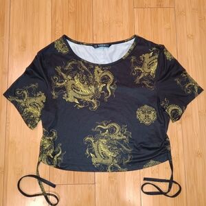 SHEIN Black and Green Dragon Print Crop Top